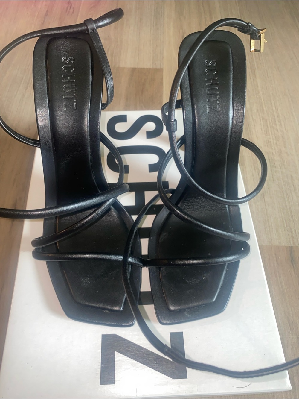 SCHUTZ Black Strappy Square-Toe Heels with Wrap Ankle